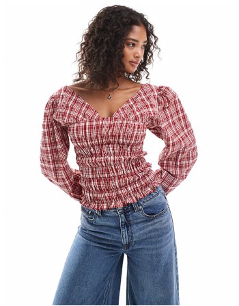 long sve shirring detail blouse in red check