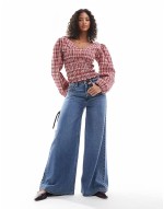 long sve shirring detail blouse in red check