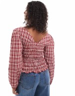 long sve shirring detail blouse in red check