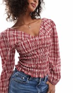 long sve shirring detail blouse in red check