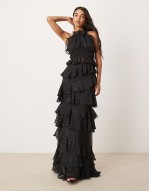 occasion ruffle maxi skirt & halter neck top co-ord in black