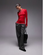 knitted rib polo top with long sves in red