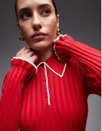 knitted rib polo top with long sves in red