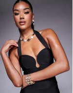 Premium co-ord bandage scoop detail halter neck top and maxi skirt in black