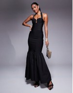 Premium co-ord bandage scoop detail halter neck top and maxi skirt in black