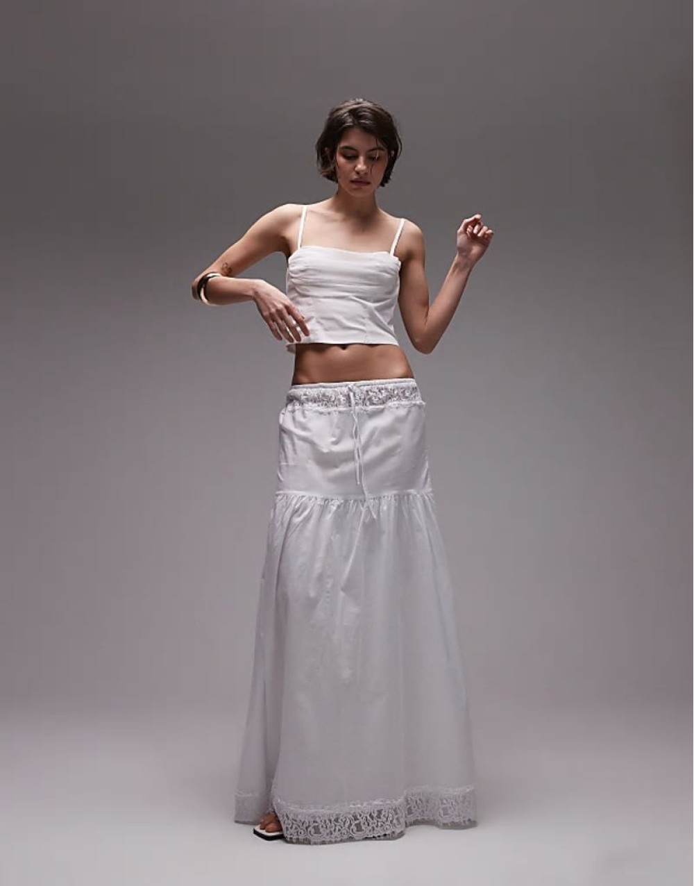poplin lace insert tiered maxi skirt in white