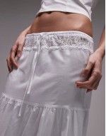 poplin lace insert tiered maxi skirt in white