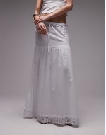 poplin lace insert tiered maxi skirt in white