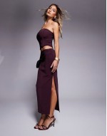 co-ord bandage bandeau corset top and midi skirt in burgundy
