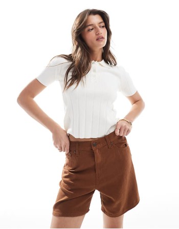 high waisted linen blend baggy denim shorts in brown