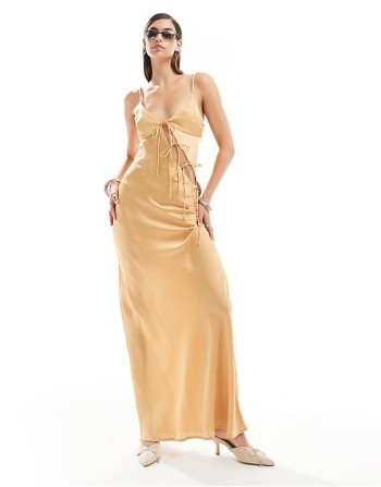 satin asymmetric tie detail cami maxi dress in gold