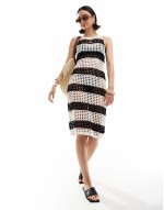 crochet midi dress in black and stone stripe