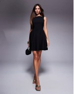 bengaline sveless skater skirt mini dress with open back in black