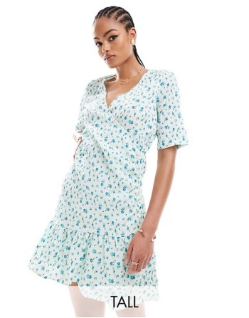 wrap front mini dress in light blue floral