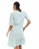 wrap front mini dress in light blue floral