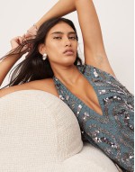 embellished plunge neck mini dress with faux feather hem in blue