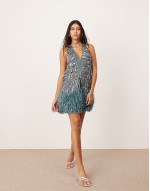 embellished plunge neck mini dress with faux feather hem in blue