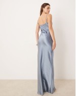 Bridesmaid Keisha cowl neck satin maxi dress in dusty blue