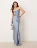 Bridesmaid Keisha cowl neck satin maxi dress in dusty blue