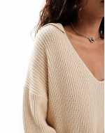 collar detail oversized jumper dress in oatmeal