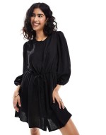 linen touch tie waist mini dress in black