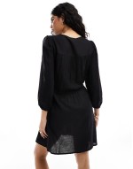 linen touch tie waist mini dress in black