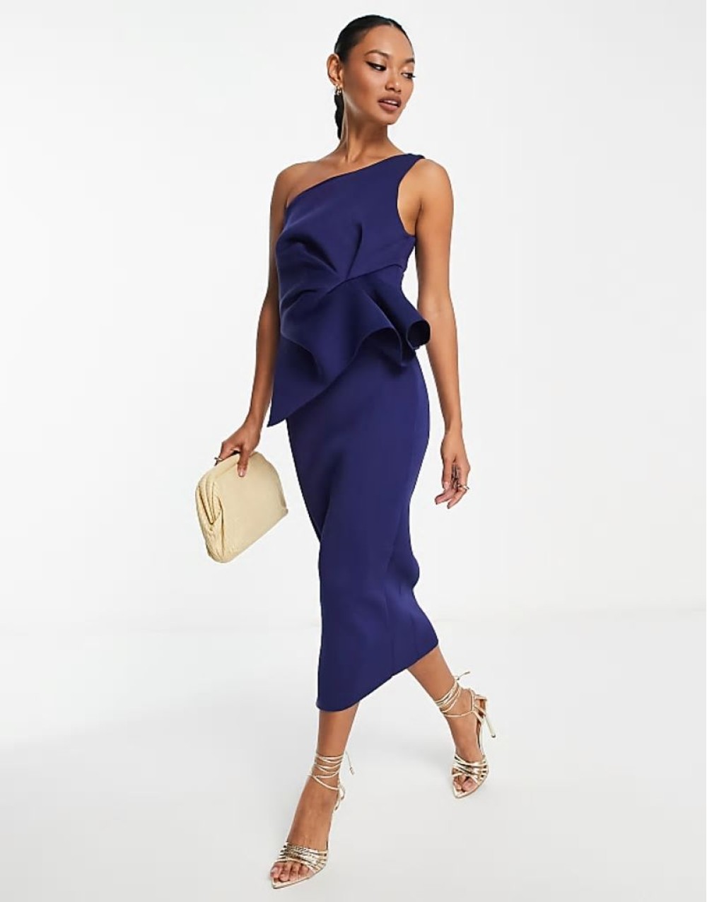 one shoulder half pephem pencil midi dress in navy