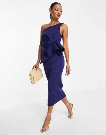 one shoulder half pephem pencil midi dress in navy