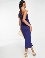 one shoulder half pephem pencil midi dress in navy