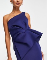 one shoulder half pephem pencil midi dress in navy