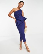 one shoulder half pephem pencil midi dress in navy