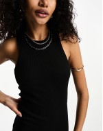 racer neck ribbed midi dress in black
