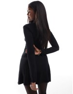 square neck bow detail fit and flare mini dress in black