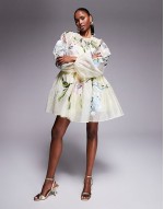 oversized organza mini smock dress with floral embroidery in  buttermilk - YELLOW