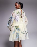 oversized organza mini smock dress with floral embroidery in  buttermilk - YELLOW