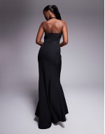 high neck fishtail maxi dress with lace panels in black