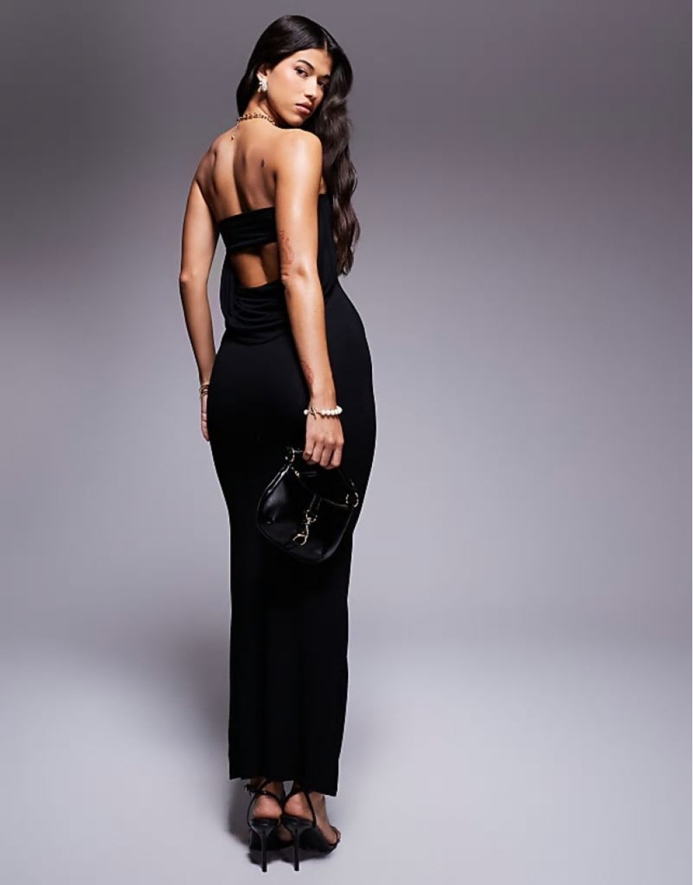 bandeau maxi dress with draped back detail in black