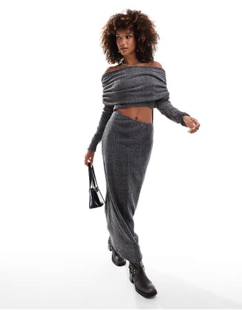 fluffy ribbed  fauxord midaxi dress in charcoal marl