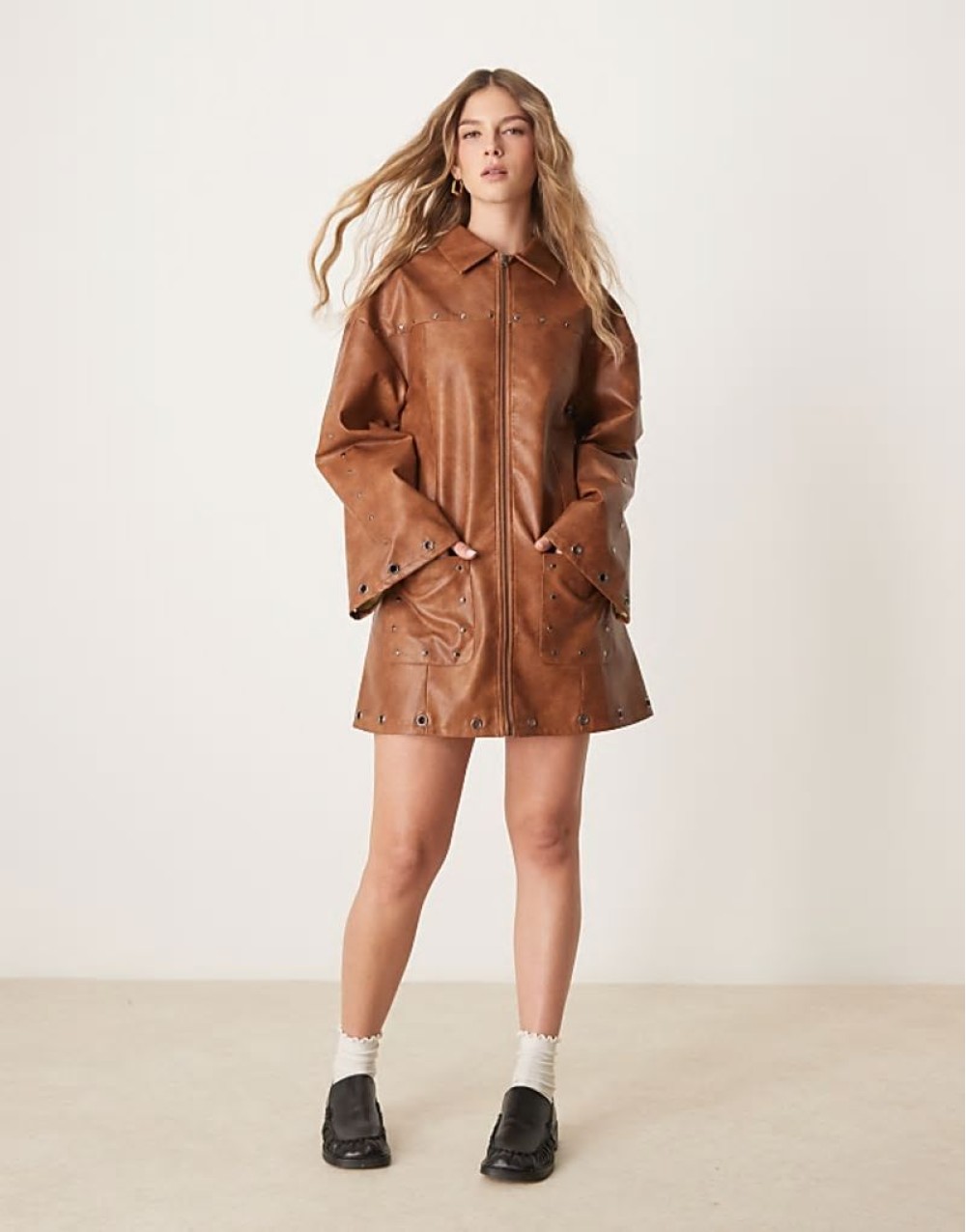 pu mini zip through shirt dress with metal stud and eyelet detail in washed tan