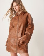pu mini zip through shirt dress with metal stud and eyelet detail in washed tan