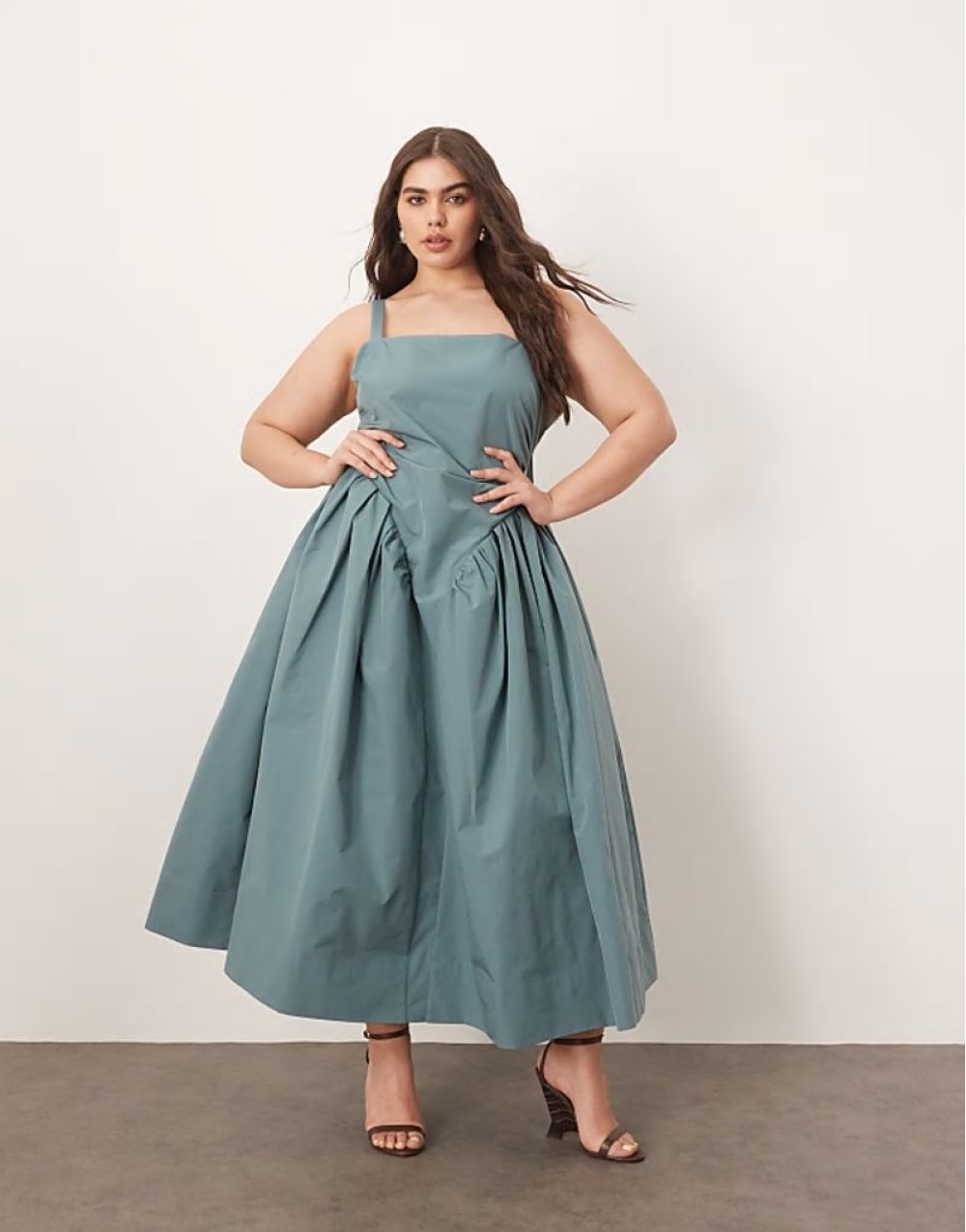 Curve strappy ruched bodice full skirt maxi dress in dusky blue