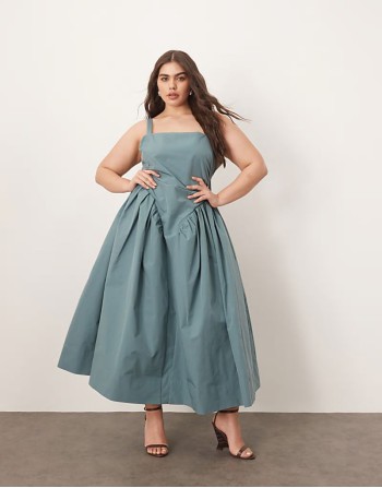 Curve strappy ruched bodice full skirt maxi dress in dusky blue