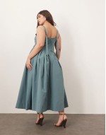 Curve strappy ruched bodice full skirt maxi dress in dusky blue