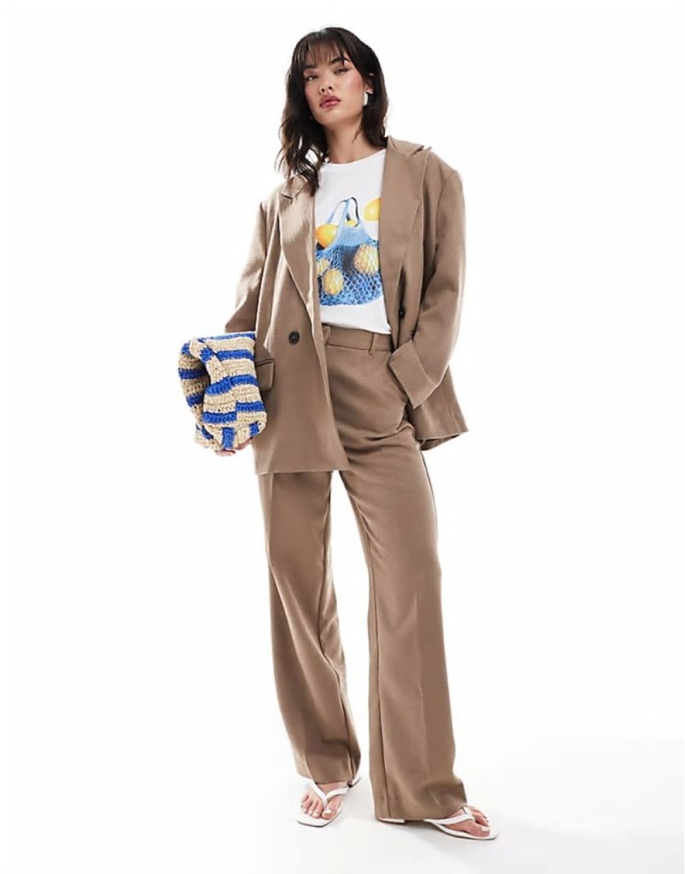 tailored herringbone blazer and wide leg trouser co-ord in mocha