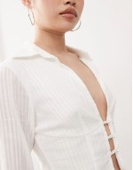 90s textured stripe flare sve plunge collared shirt in white