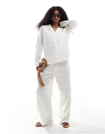 linen embroidered shirt & trousers co-ord in white